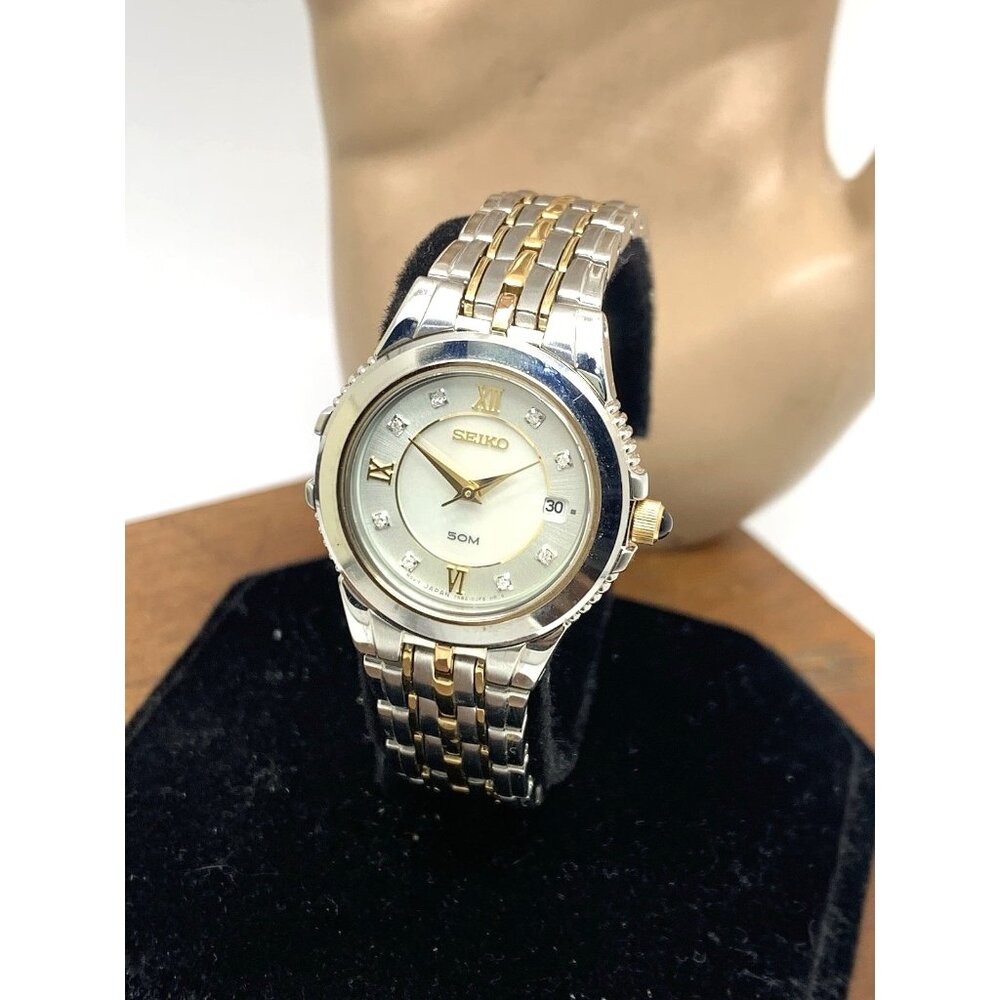 Seiko Women's Watch SXDA26 Quartz Diamond Mother of Pearl Dial 2-Tone Steel 26mm